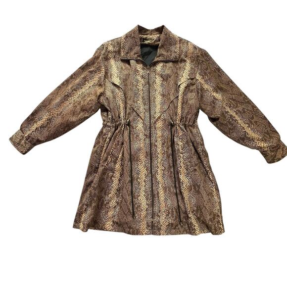 Vintage Jackets & Blazers - VINTAGE AMBER DAWN Snakeskin Cinched Waist Trench Coat | M | Brown Multi | 80s